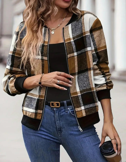Load image into Gallery viewer, Plus Size Plaid Baseball Collar Zip Up Jacket
