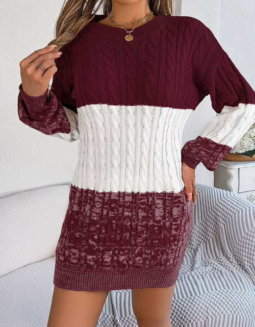 Load image into Gallery viewer, Cable-Knit Round Neck Color Block Sweater Dress
