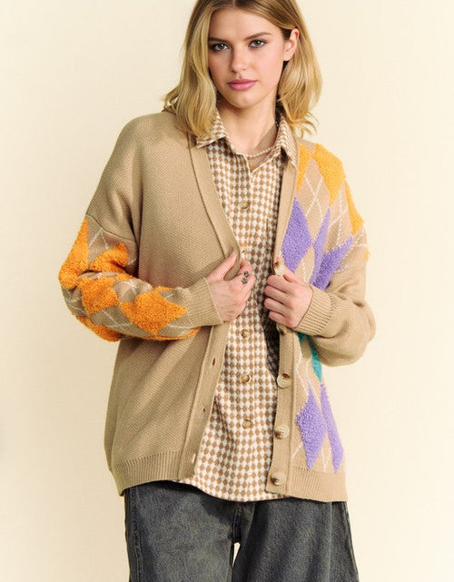 Load image into Gallery viewer, Davi &amp; Dani Argyle V-Neck Dropped Shoulder Cardigan
