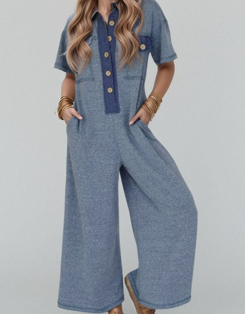 Load image into Gallery viewer, Placket Chest Pockets Short Sleeve Wide Leg Jumpsuit
