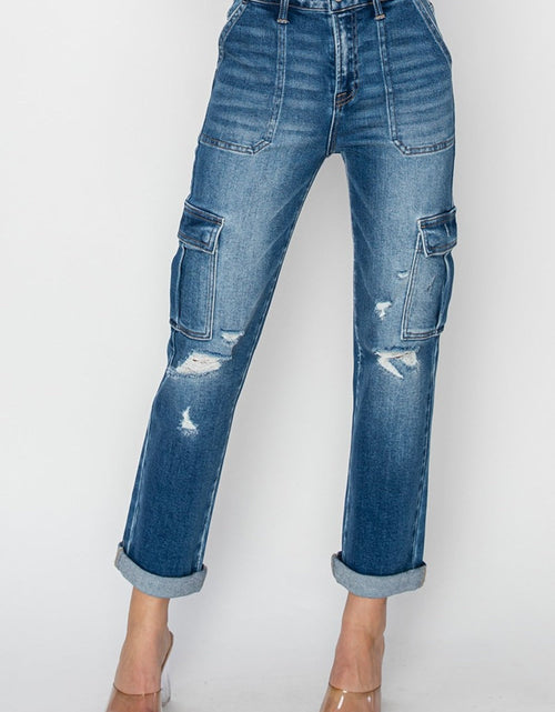 Load image into Gallery viewer, RISEN Full Size High Rise Cargo Ankle Roll Up Straight Jeans

