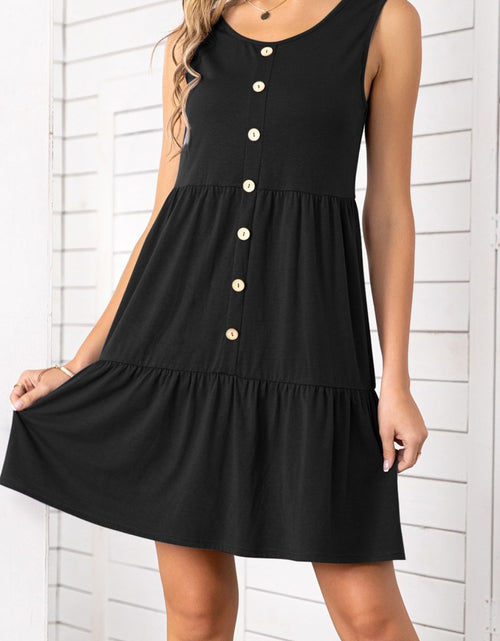 Load image into Gallery viewer, Decorative Button Scoop Neck Sleeveless Tiered Dress
