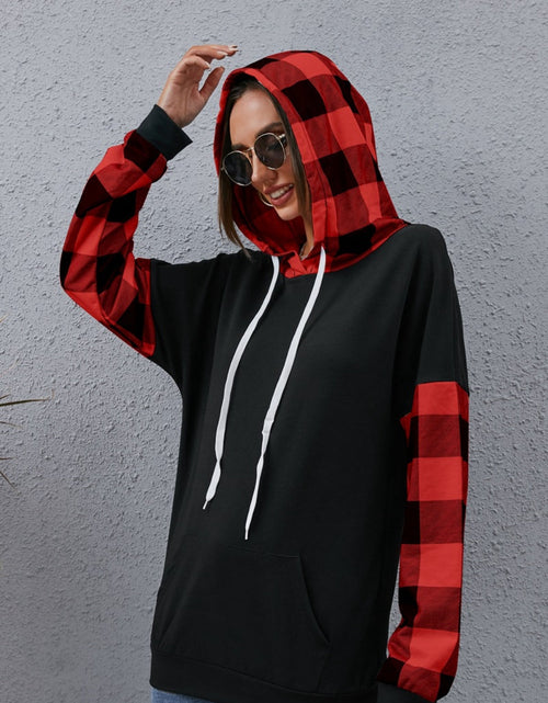Load image into Gallery viewer, Plaid Drawstring Dropped Shoulder Hoodie
