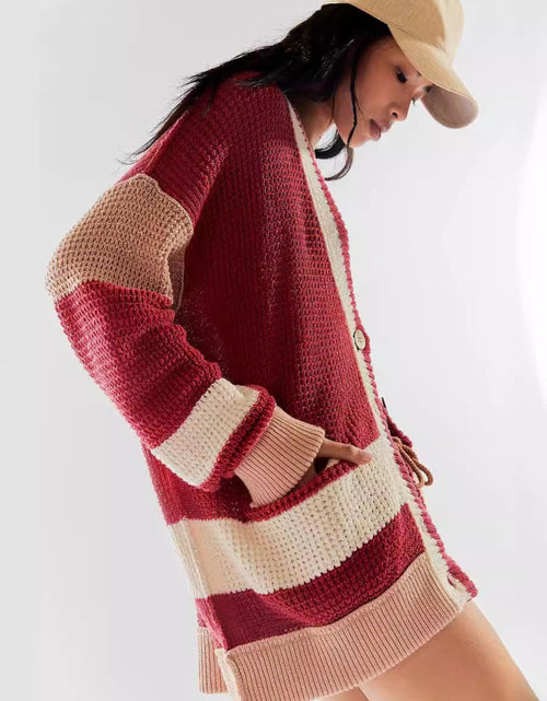 Load image into Gallery viewer, Pocketed Contrast V-Neck Long Sleeve Cardigan
