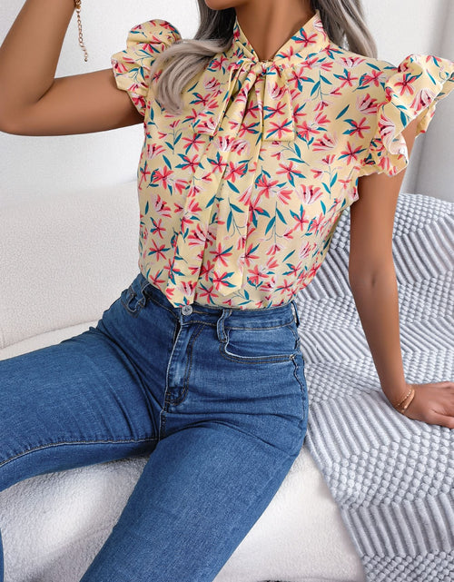 Load image into Gallery viewer, Floral Tie Neck Flutter Sleeve Blouse
