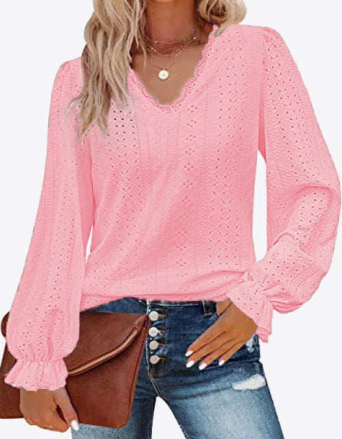 Load image into Gallery viewer, Eyelet V-Neck Flounce Sleeve Blouse
