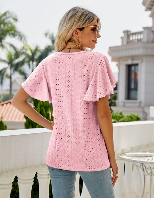 Load image into Gallery viewer, Eyelet Flutter Sleeve Round Neck Top
