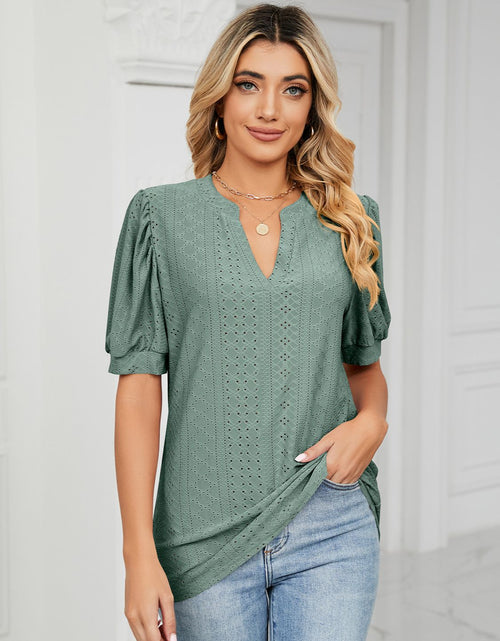 Load image into Gallery viewer, Florira Eyelet Notched Short Sleeve T-Shirt
