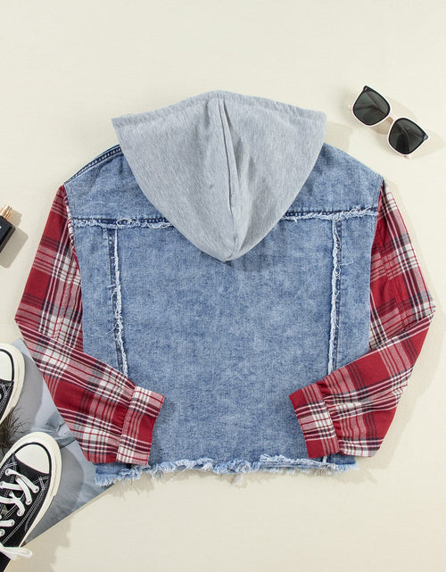 Load image into Gallery viewer, Raw Hem Drawstring Plaid Denim Jacket
