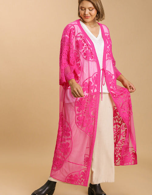 Load image into Gallery viewer, Umgee Full Size Floral Lace Open Front Long Kimono with Waist Tie Plus Size
