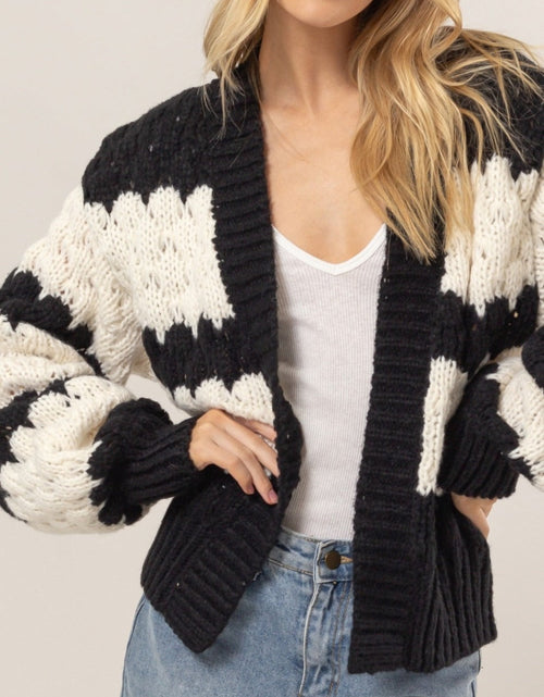 Load image into Gallery viewer, HYFVE Scallop Striped Open Front Long Sleeve Sweater Cardigan
