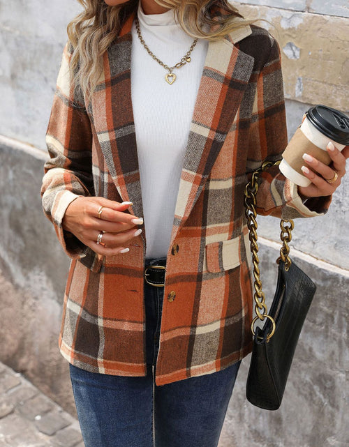 Load image into Gallery viewer, Perfee Plaid Button Down Lapel Collar Blazer
