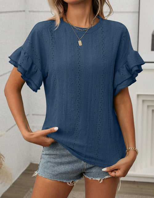 Load image into Gallery viewer, Eyelet Round Neck Flounce Sleeve Top
