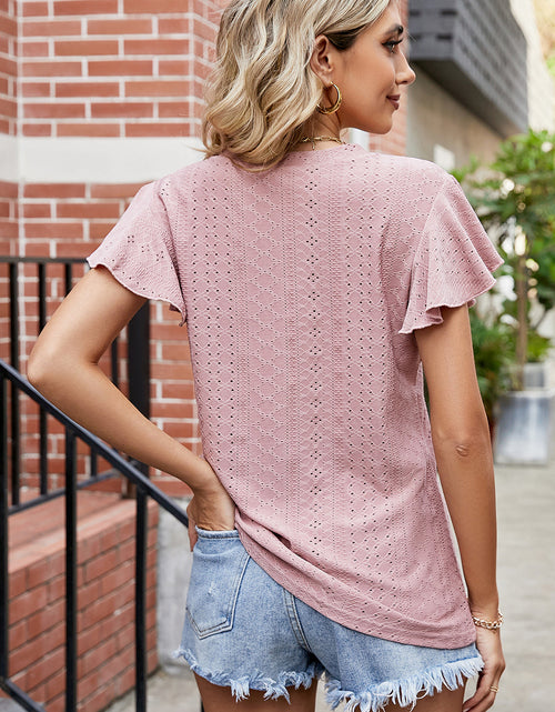 Load image into Gallery viewer, Eyelet V-Neck Flutter Sleeve T-Shirt
