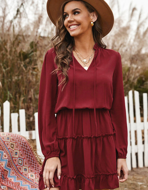 Load image into Gallery viewer, Tied Frill Trim Puff Sleeve Mini Dress
