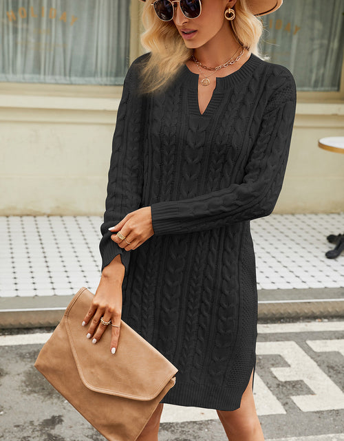 Load image into Gallery viewer, Notched Neck Cable-Knit Slit Sweater Dress

