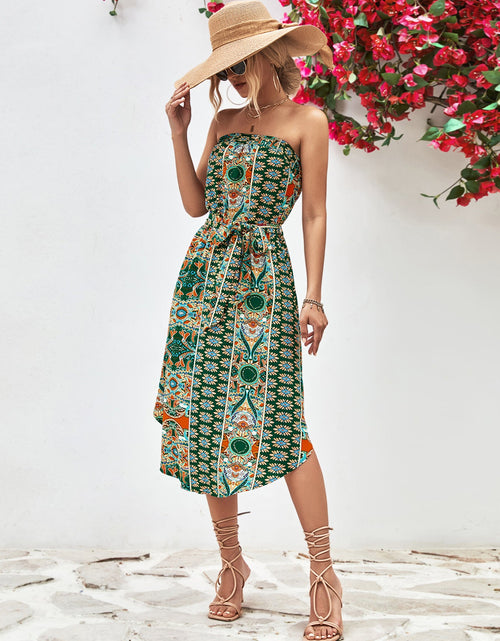 Load image into Gallery viewer, Printed Strapless Tie Belt Dress
