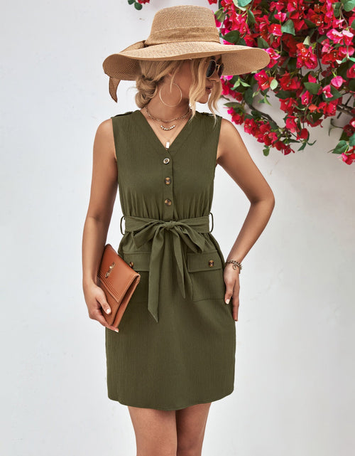 Load image into Gallery viewer, Buttoned V-Neck Belted Sleeveless Dress
