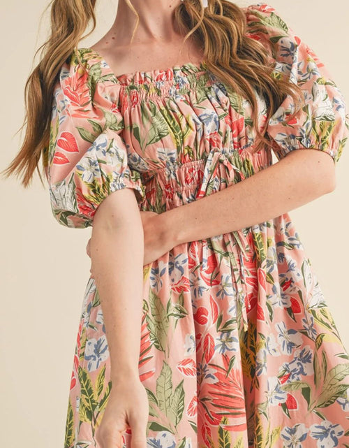 Load image into Gallery viewer, Floral Smocked Square Neck Puff Short Sleeve Midi Dress
