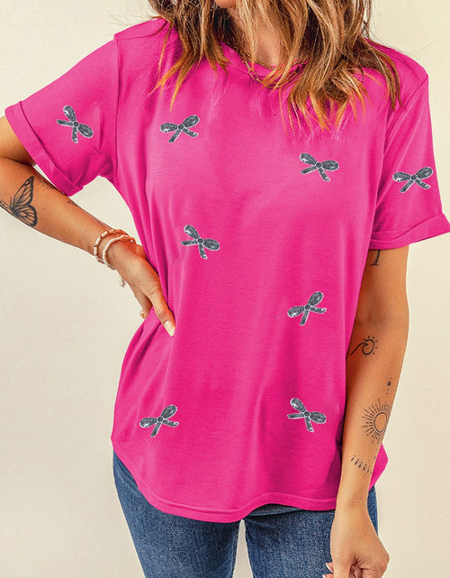 Load image into Gallery viewer, Sequin Bow Round Neck Short Sleeve T-Shirt
