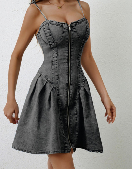 Load image into Gallery viewer, Ruched Zip Up Spaghetti Strap Denim Dress
