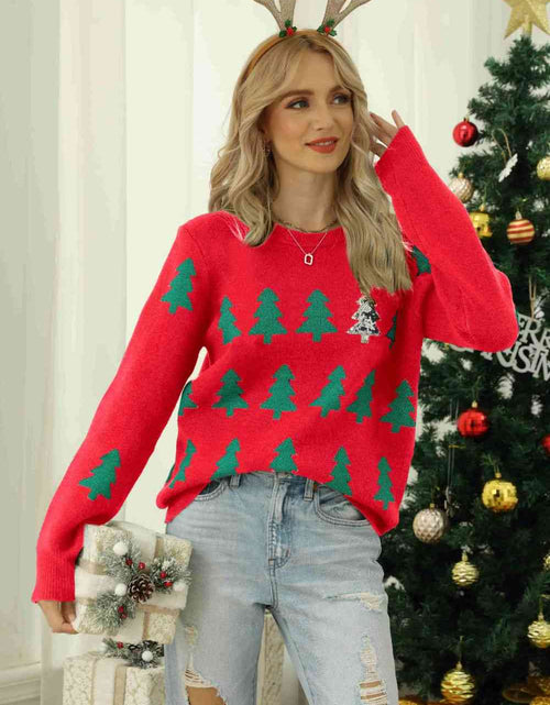 Load image into Gallery viewer, Christmas Tree Round Neck Ribbed Trim Sweater
