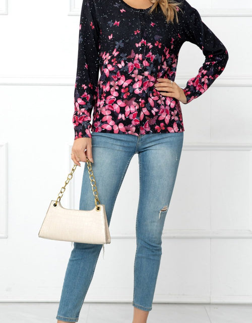 Load image into Gallery viewer, Woven Right Floral Button Front Round Neck Cardigan
