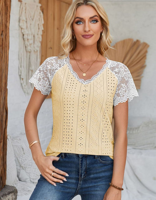 Load image into Gallery viewer, Eyelet V-Neck Lace Short Sleeve T-Shirt
