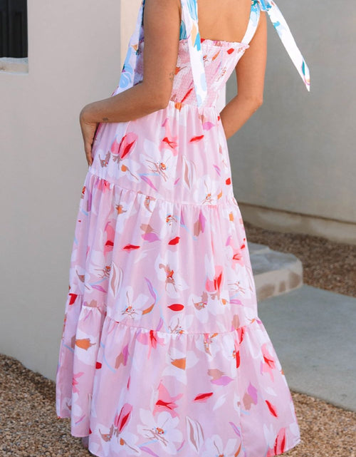 Load image into Gallery viewer, Floral Print Knotted Shoulder Smocked Maxi Dress
