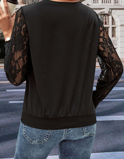 Load image into Gallery viewer, Perfee Round Neck Lace Trim Long Sleeve Sweatshirt
