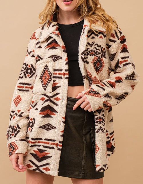 Load image into Gallery viewer, Geometric Button Up Long Sleeve Sherpa Jacket
