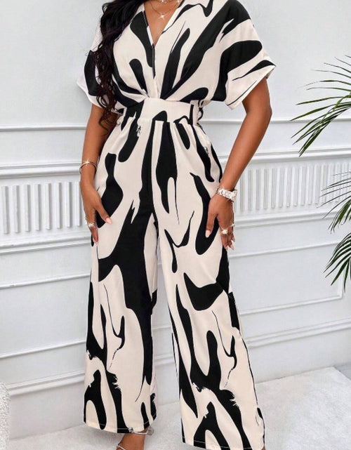 Load image into Gallery viewer, Printed V-Neck Short Sleeve Wide Leg Jumpsuit
