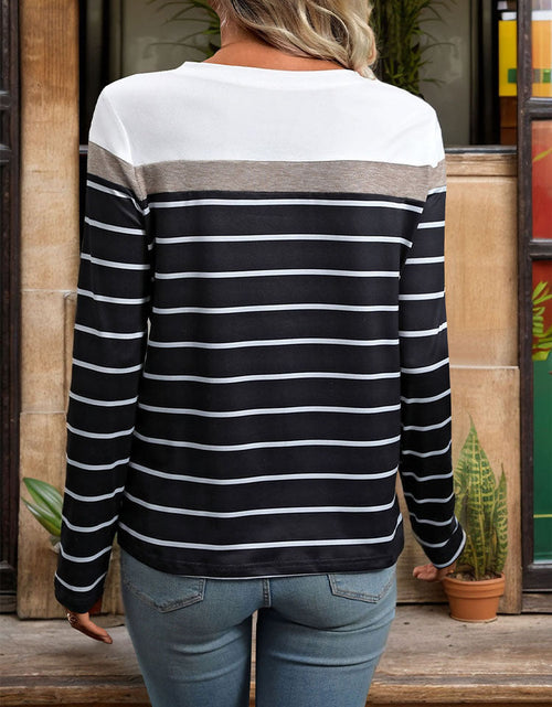 Load image into Gallery viewer, Perfee Striped Round Neck Long Sleeve T-Shirt
