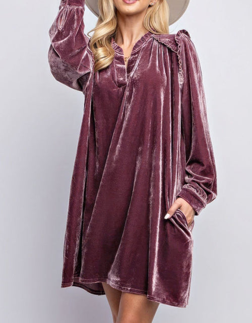 Load image into Gallery viewer, Frill Notched Long Sleeve Dress with Pockets
