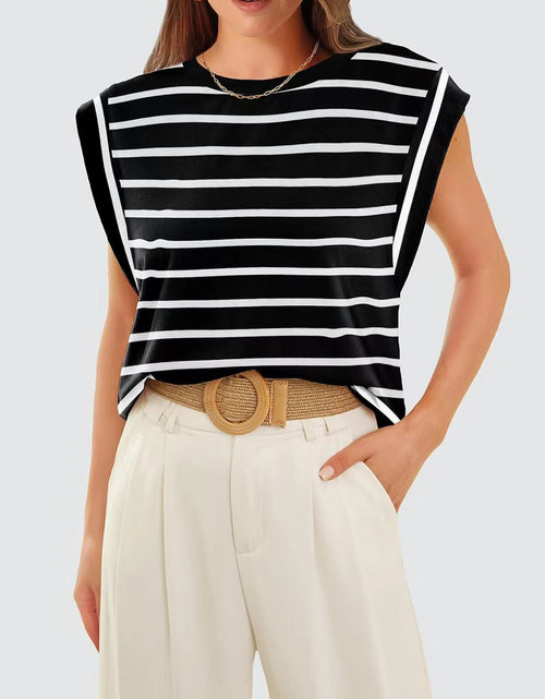 Load image into Gallery viewer, Striped Round Neck Cap Sleeve T-Shirt
