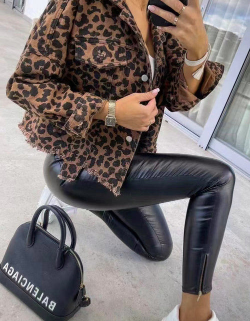 Load image into Gallery viewer, Leopard Raw Hem Denim Jacket
