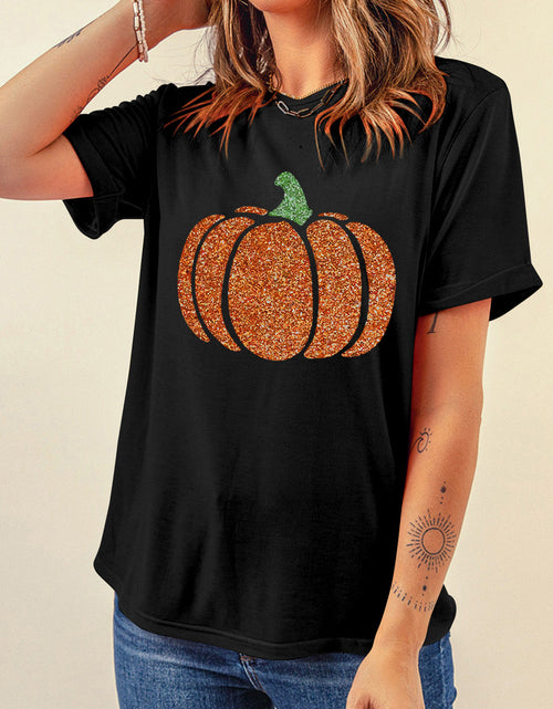 Load image into Gallery viewer, Glitter Pumpkin Round Neck Short Sleeve T-Shirt
