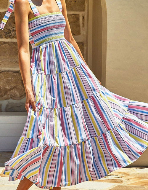 Load image into Gallery viewer, Striped Tie-Shoulder Smocked Tiered Dress
