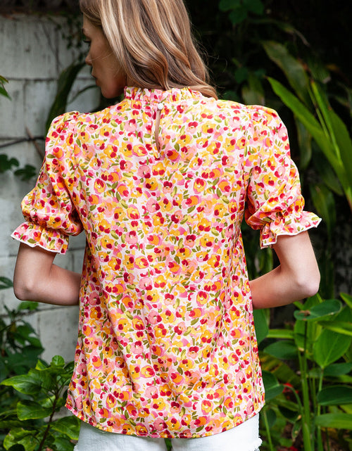 Load image into Gallery viewer, Floral Puff Sleve Keyhole Blouse
