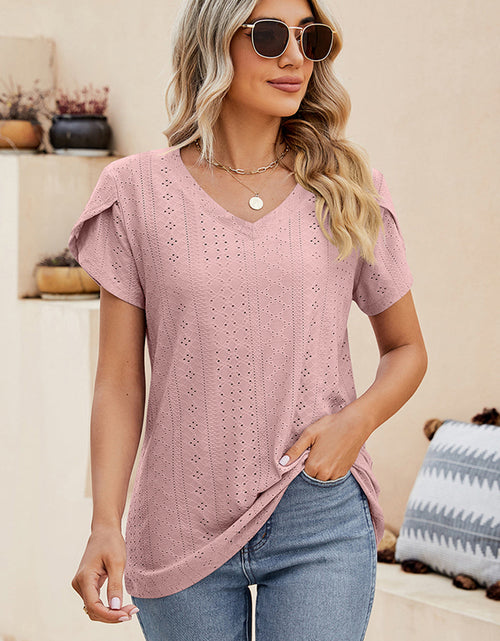 Load image into Gallery viewer, Eyelet V-Neck Petal Sleeve T-Shirt
