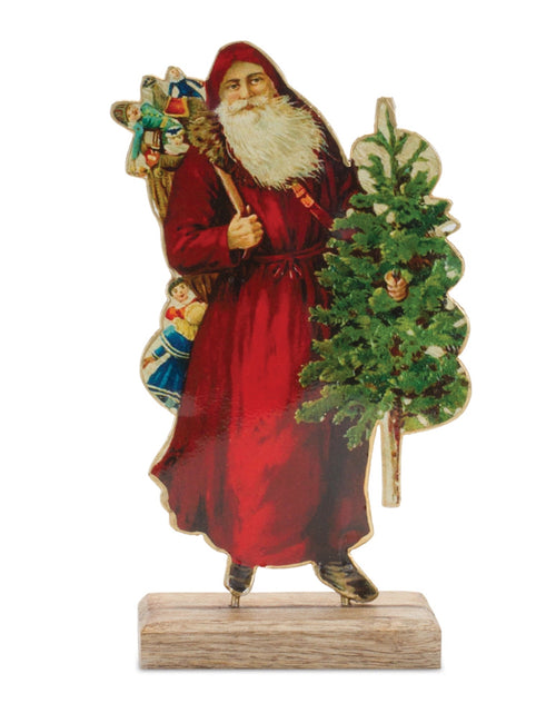 Load image into Gallery viewer, Vintage Metal Santa with Wood Base 8"H
