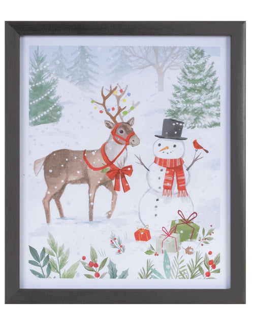 Load image into Gallery viewer, Framed Snowman and Deer Print 11"H
