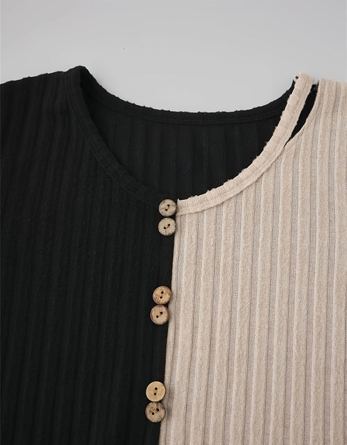 Load image into Gallery viewer, Decorative Button Contrast Round Neck Long Sleeve T-Shirt
