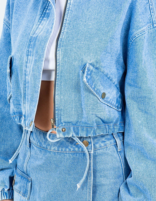 Load image into Gallery viewer, American Bazi Drawstring Waist Crop Denim Jacket
