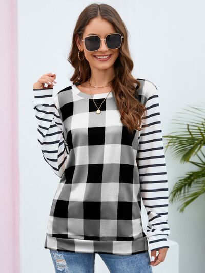 Load image into Gallery viewer, Plaid Striped Round Neck Long Sleeve T-Shirt
