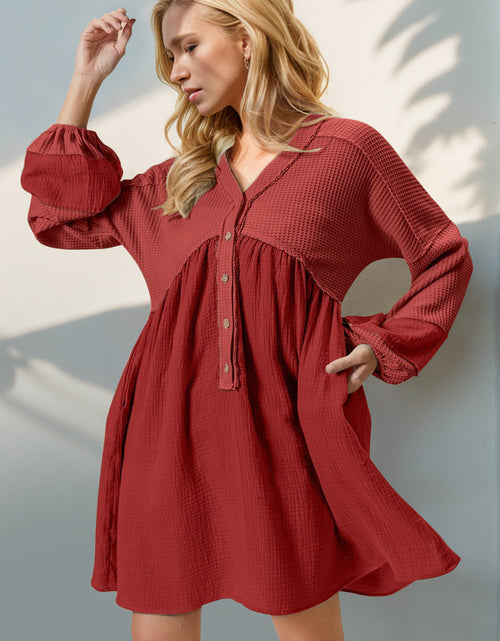 Load image into Gallery viewer, Double Take Waffle-Knit Contrast Half Button V-Neck Long Sleeve Mini Dress
