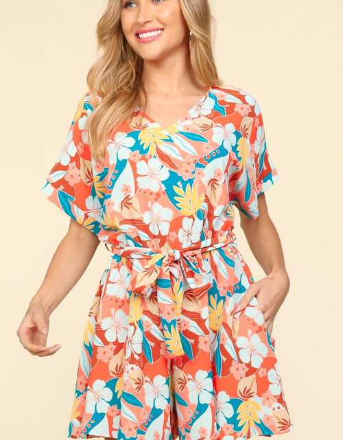 Load image into Gallery viewer, Haptics Tropical Floral Short Sleeve Tied Romper
