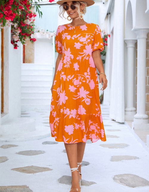 Load image into Gallery viewer, Floral Puff Sleeve Ruffle Hem Midi Dress
