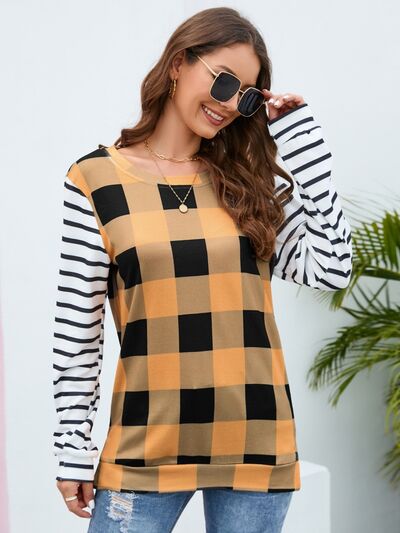 Load image into Gallery viewer, Plaid Striped Round Neck Long Sleeve T-Shirt
