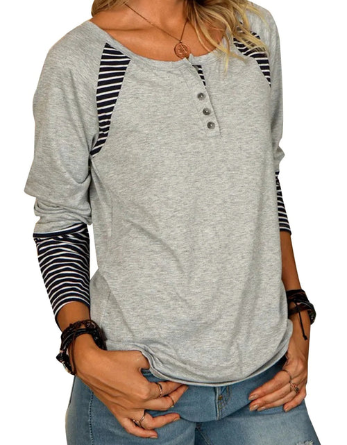 Load image into Gallery viewer, Full Size Striped Quarter Button Long Sleeve T-Shirt
